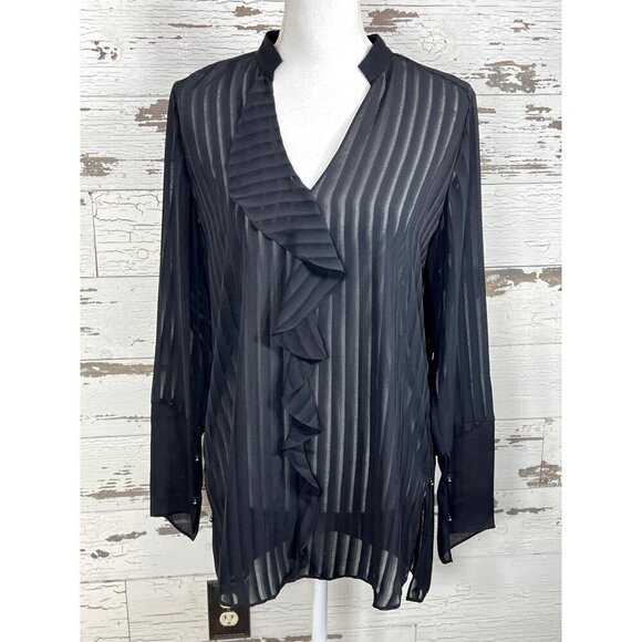 ETCETERA V-neck Cascading Ruffle Semi-Sheer Silk Blend Blouse Black Sz 6 - Picture 1 of 6